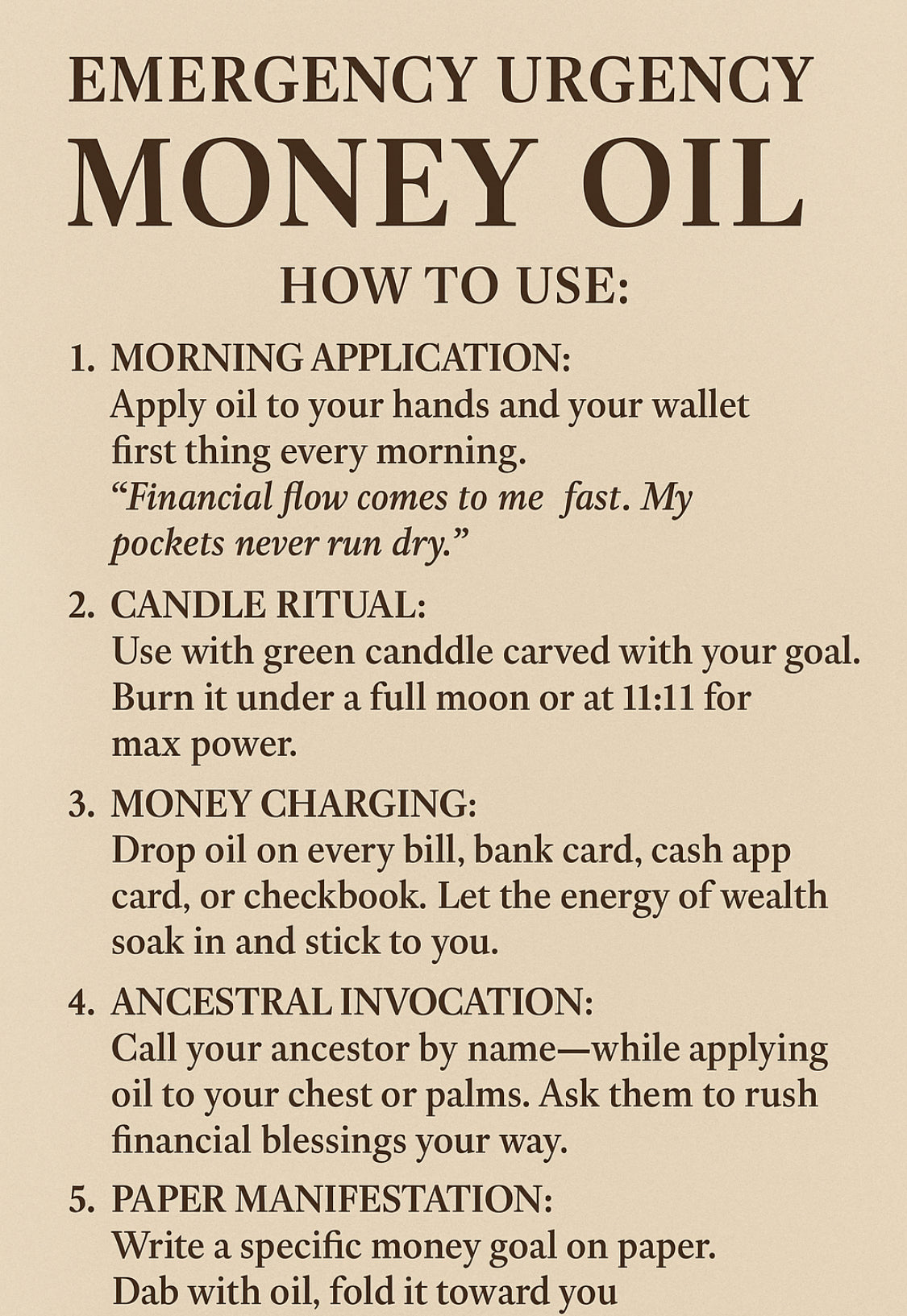 Emergency URGENCY Money Oil