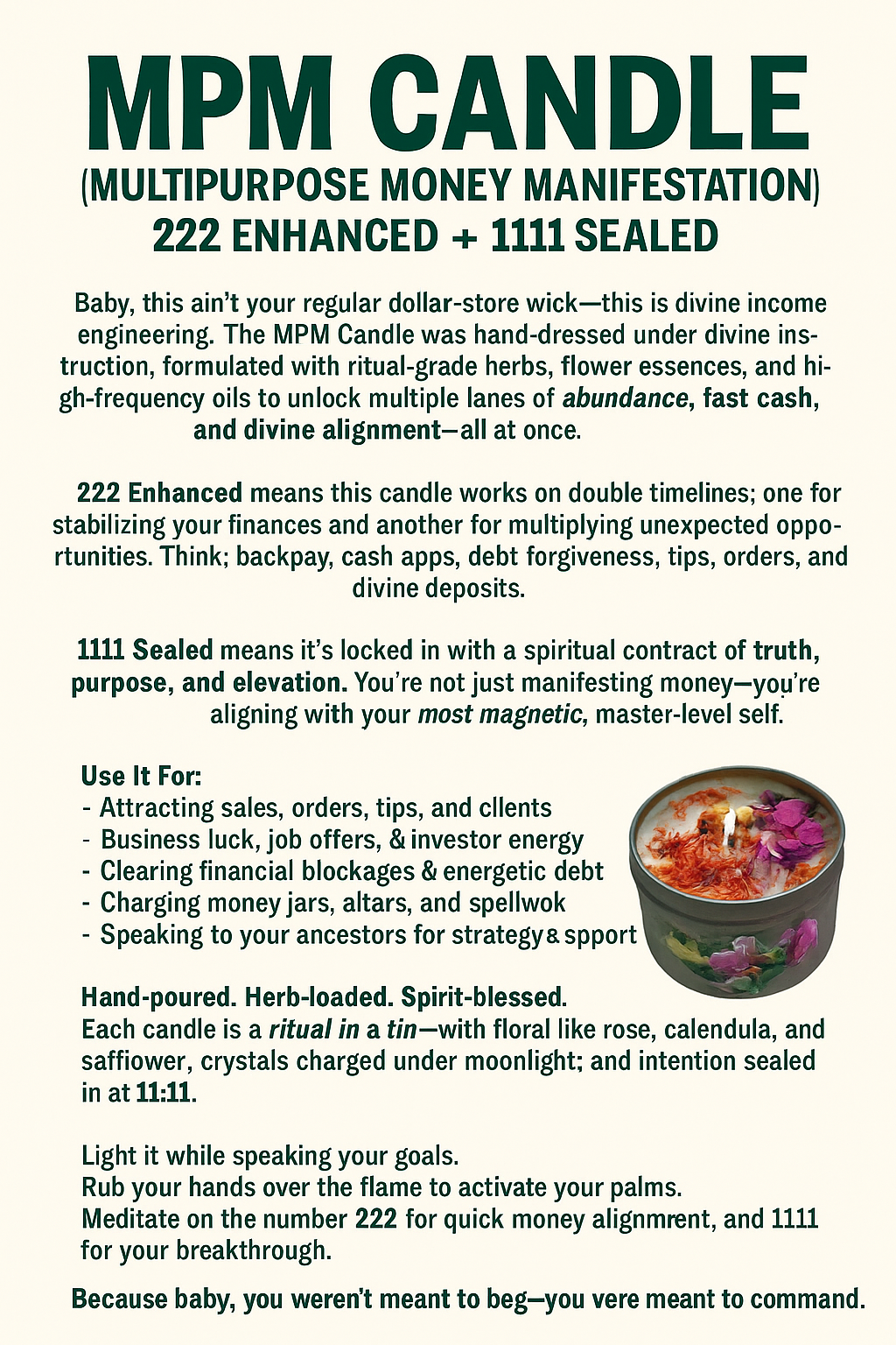 (MPM) Candle – Multipurpose Money Manifestation WICK & Wax (222 Enhanced + 1111 Sealed)