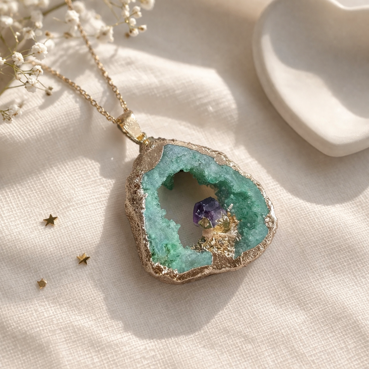 Green Quartz Geode Necklace- To Enhance Psychic Abilities & Protect From psychic attacks