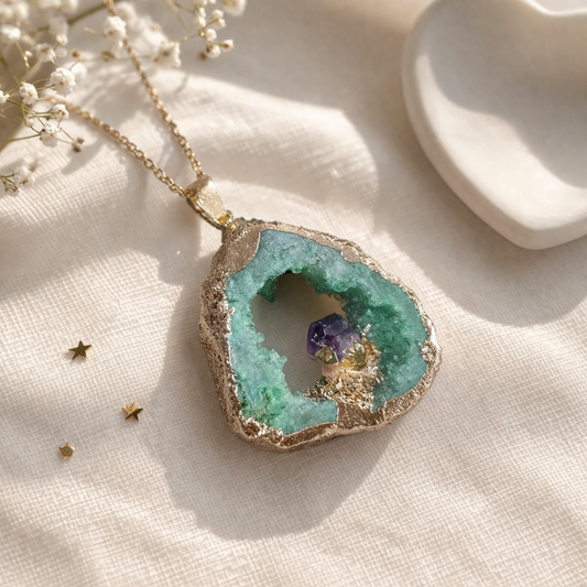 Green Quartz Geode Necklace- To Enhance Psychic Abilities & Protect From psychic attacks